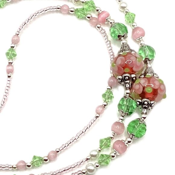 Beading Artistry Accessories - Pink and Green Flower, Beaded Lanyard for, Badge, ID Holder, Keychain, Lanyard